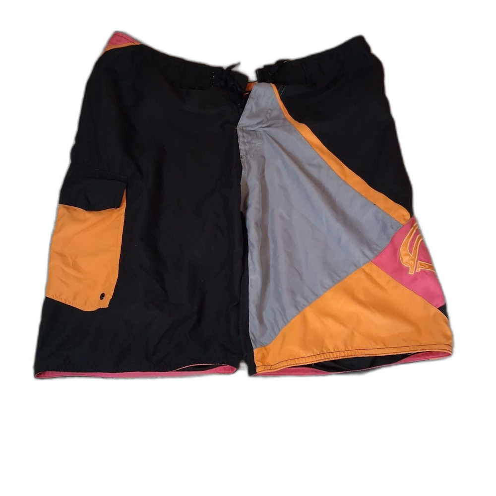 Wave Zone Mens Swim Trunks Black Orange Pink Embroidered Logo Mens Size 32 / 34